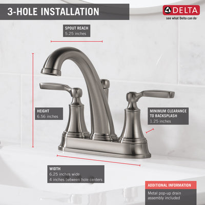 Delta Woodhurst Stainless Steel Finish Lever Handle Centerset Bathroom Sink Faucet with Matching Drain D2532LFSSMPU