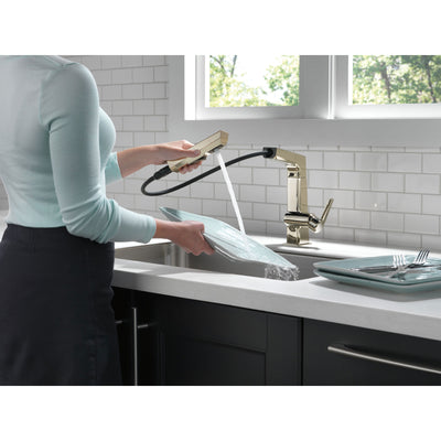 Delta Pivotal Modern Polished Nickel Finish Single Handle Pull Out Kitchen Faucet D4193PNDST