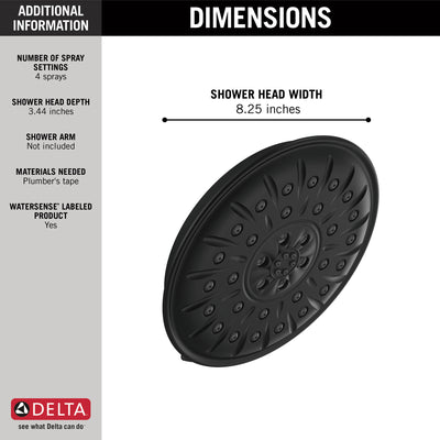 Delta Matte Black Finish 1.75 GPM UltraSoak 4-Setting 8.25" Shower Head D52487BL
