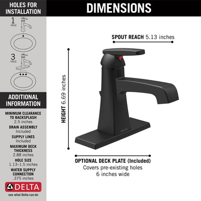 Delta Ashlyn Matte Black Finish Single Handle Lavatory Bathroom Faucet with Metal Pop-Up D564BLMPUDST