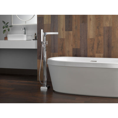 Delta Zura Collection Chrome Modern Floor Mount Freestanding Tub Filler Faucet with Hand Shower Includes Trim Kit and Rough-in Valve D2069V