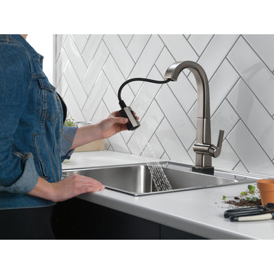 Delta Pivotal Black Stainless Steel Finish Single Handle Pull Down Bar/Prep Faucet With Touch2O Technology D9993TKSDST