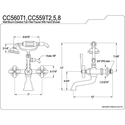 Kingston Oil Rubbed Bronze Wall Mount Clawfoot Tub Faucet w Hand Shower CC559T5
