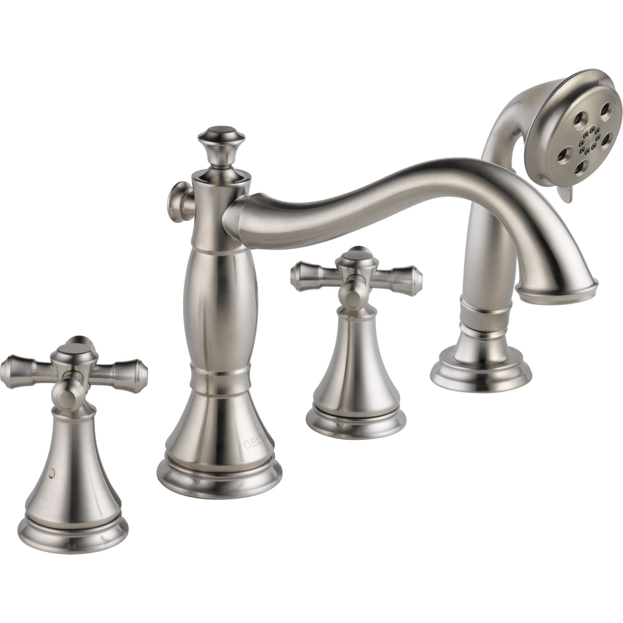Delta Cassidy Stainless Steel Finish Roman Tub Filler Faucet with Hand Shower Spray INCLUDES Valve and Cross Handles D1063V