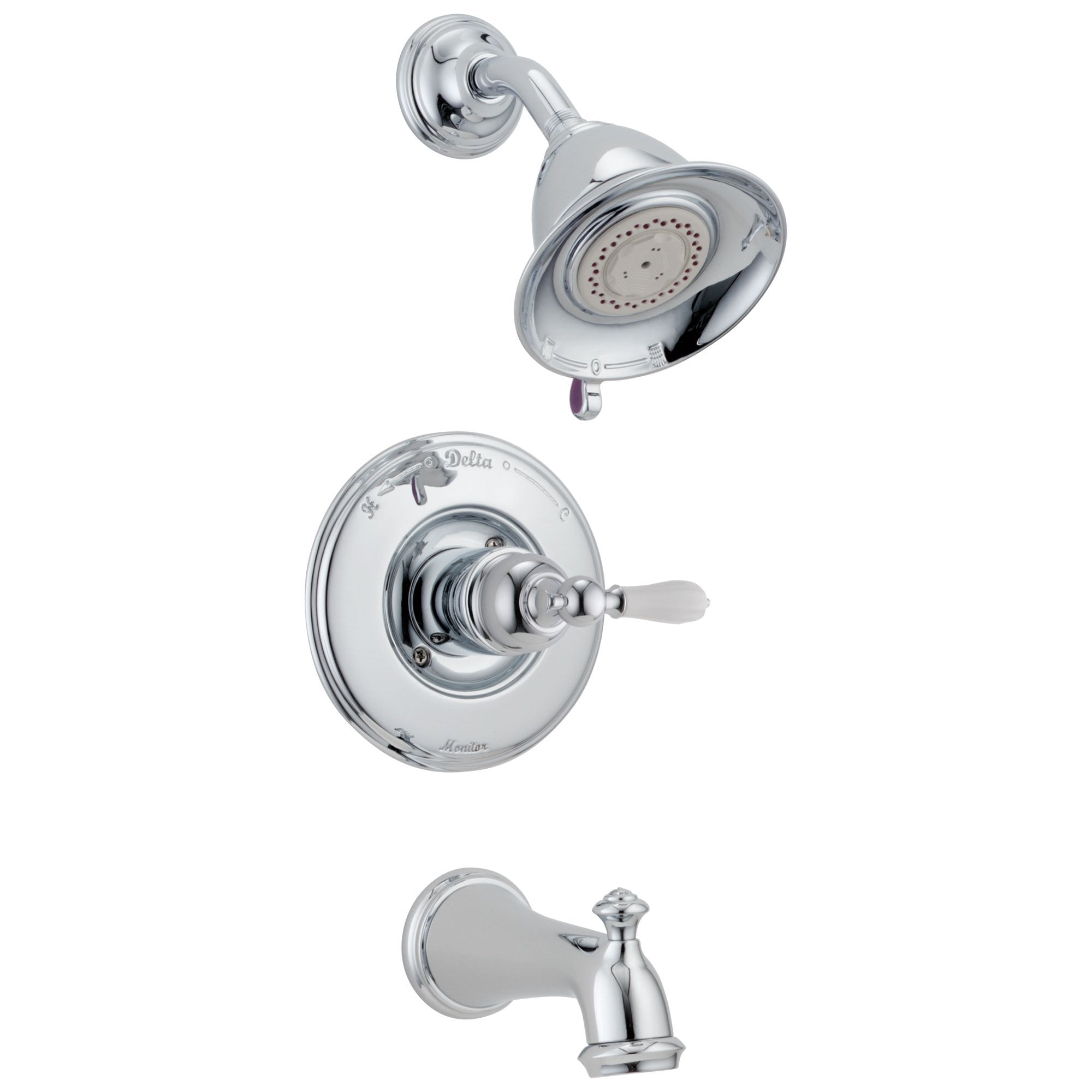 Delta Victorian Collection Chrome Finish Monitor 14 Series Tub & Shower Combo Faucet INCLUDES Single White Lever Handle and Rough-Valve without Stops D1514V