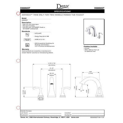 Danze Antioch Chrome Finish High Volume Roman tub Filler Faucet INCLUDES Rough-in Valve