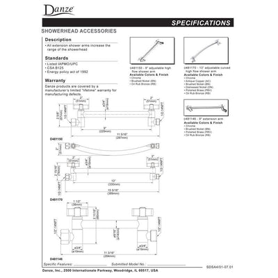 Danze 9" Brushed Nickel Adjustable Height & Position Curved Shower Arm Extension