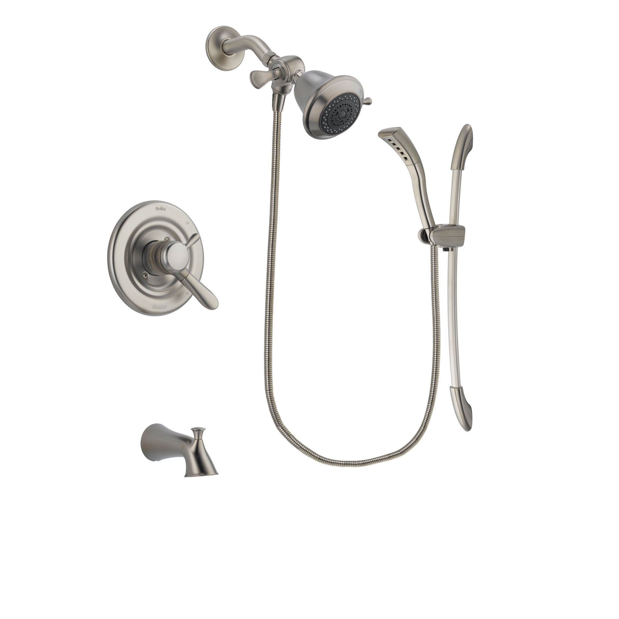 Delta Lahara Stainless Steel Finish Dual Control Tub and Shower Faucet System Package with Shower Head and Handshower with Slide Bar Includes Rough-in Valve and Tub Spout DSP1397V