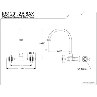 High Arch Metal Cross Handle Polished Brass Wall Mount Kitchen Faucet KS1292AX
