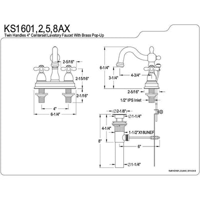 Kingston Brass Chrome 2 Handle 4" Centerset Bathroom Faucet w Pop-up KS1601AX