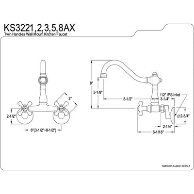 Kingston Brass Cross Handle Oil Rubbed Bronze Wall Mount Kitchen Faucet KS3225AX