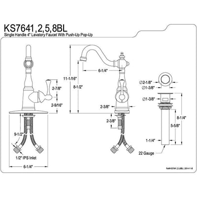 English Vintage Polished Brass 1 hdl Bathroom Faucet w\Push down drain KS7642BL
