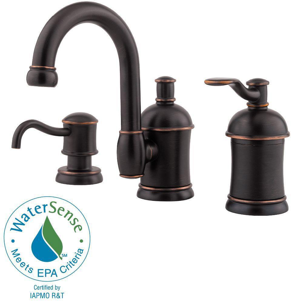 Price Pfister Amherst 8 inch Widespread 1-Handle Bathroom Faucet with Soap Dispenser in Tuscan Bronze 466032