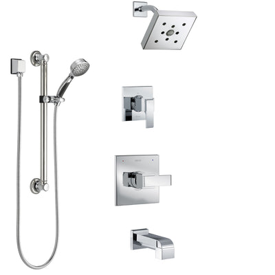 Delta Ara Chrome Finish Tub and Shower System with Control Handle, 3-Setting Diverter, Showerhead, and Hand Shower with Grab Bar SS144673