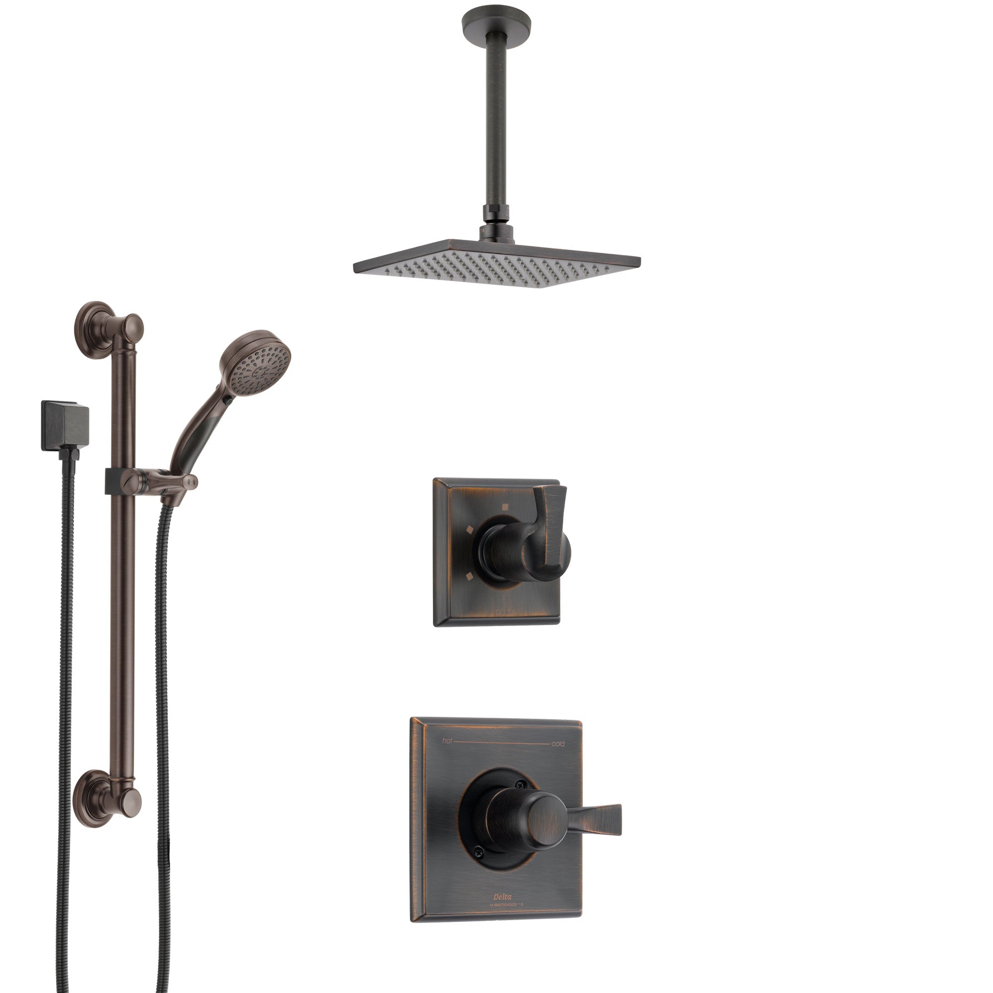Delta Dryden Venetian Bronze Shower System with Control Handle, 3-Setting Diverter, Ceiling Mount Showerhead, and Hand Shower with Grab Bar SS1451RB1