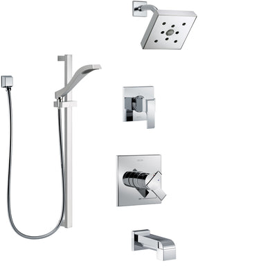 Delta Ara Chrome Finish Tub and Shower System with Dual Control Handle, 3-Setting Diverter, Showerhead, and Hand Shower with Slidebar SS174675