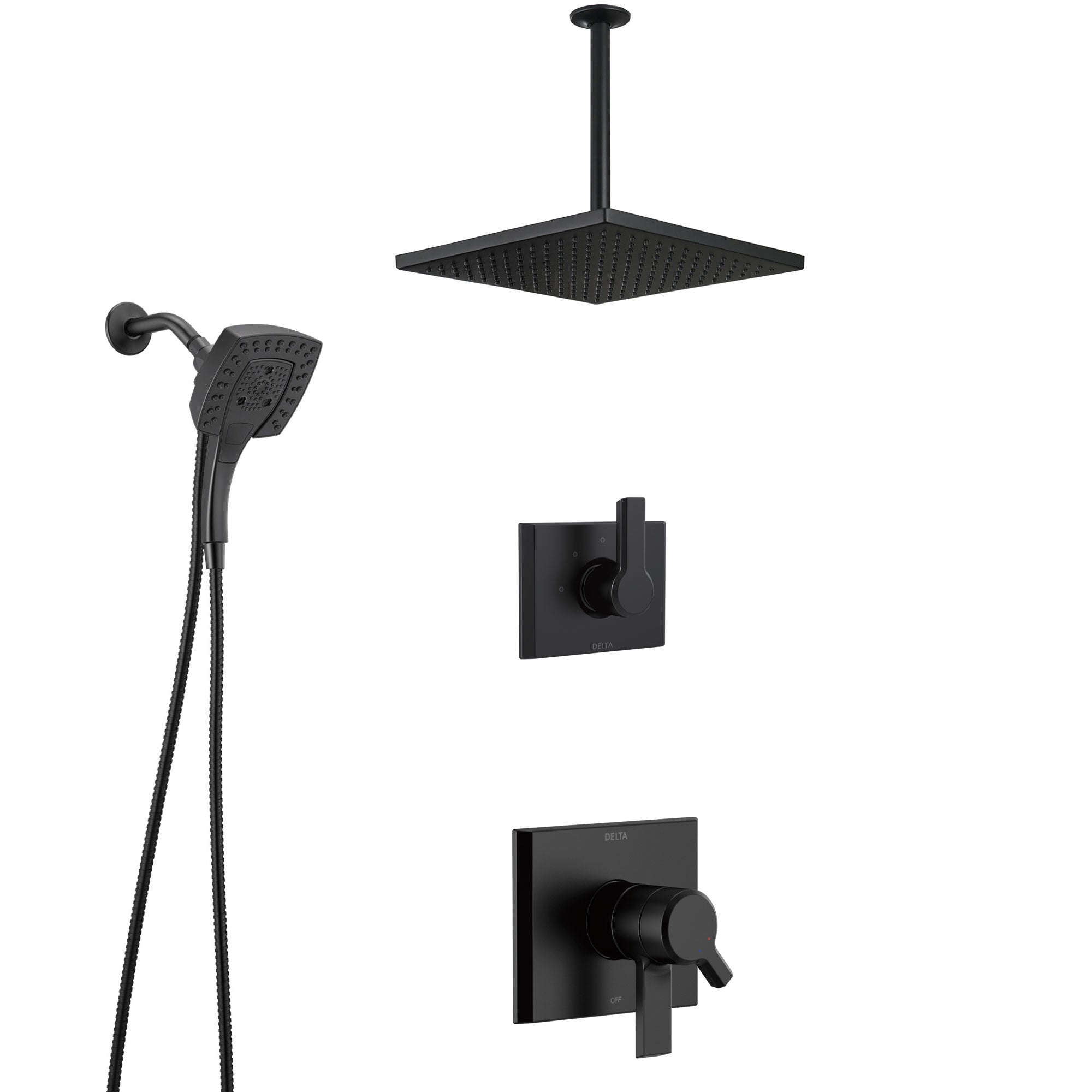 Delta Pivotal Matte Black Finish Modern Shower System with Large Ceiling Mount Showerhead, Diverter, and In2ition Hand Shower Fixture SS17993BL9