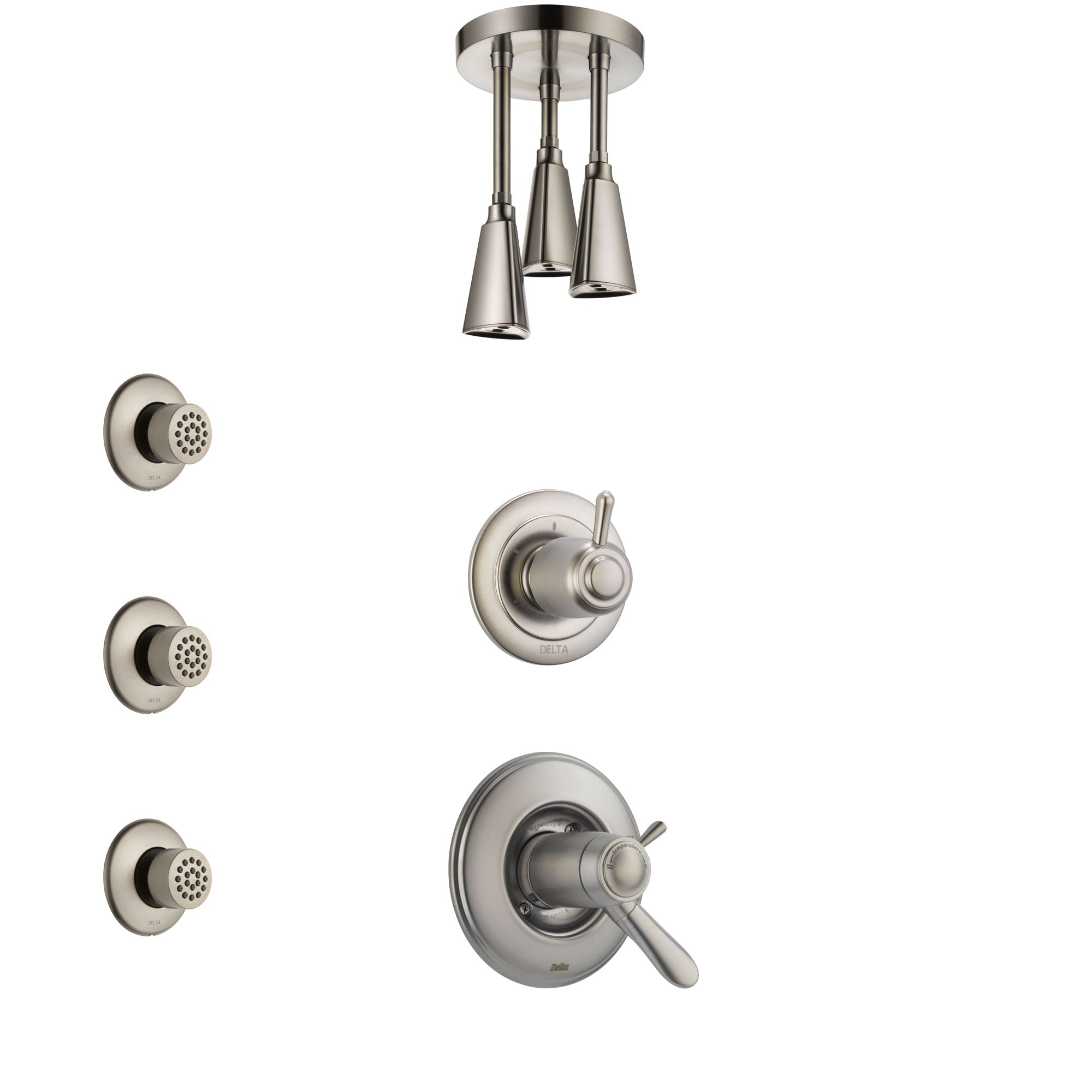 Delta Lahara Dual Thermostatic Control Handle Stainless Steel Finish Shower System, Diverter, Ceiling Mount Showerhead, and 3 Body Sprays SS17T381SS6