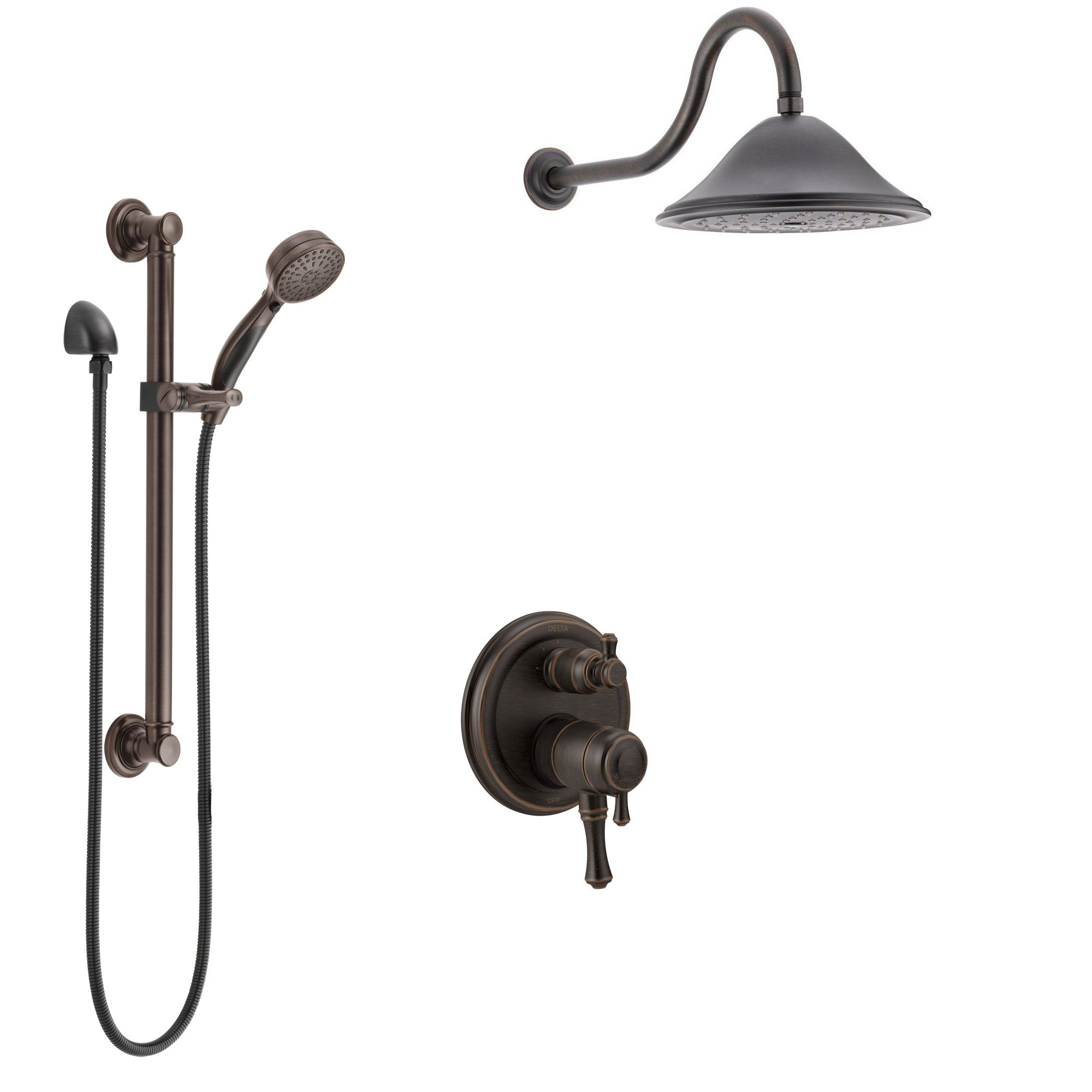 Delta Cassidy Venetian Bronze Shower System with Dual Control Handle, Integrated Diverter, Showerhead, and Hand Shower with Grab Bar SS27897RB12