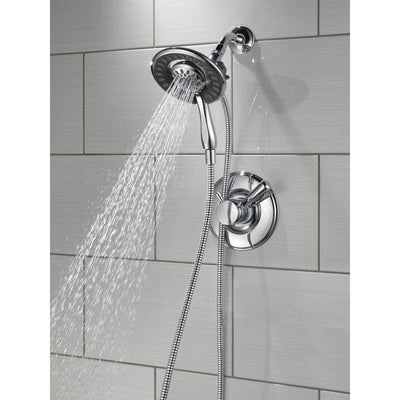 Delta Linden Collection Chrome Monitor 17 Dual Control Shower only Faucet with Handspray and Showerhead Combo Includes Rough Valve with Stops D2324V