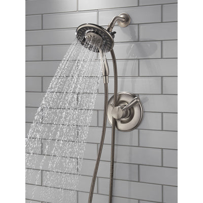Delta Linden Stainless Steel Finish Dual Control Shower only Faucet with Handspray and Showerhead Combo Includes Trim Kit and Rough Valve with Stops D2316V