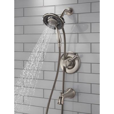 Delta Linden Collection Stainless Steel Finish Dual Control Tub and Shower Faucet with Hand Spray / Showerhead Combo Includes Rough Valve with Stops D2284V